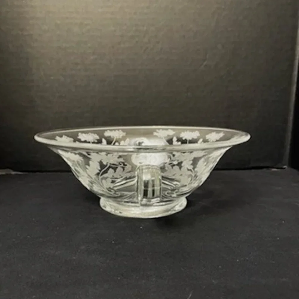 Vtg Etched Glass Bowl Floral Flowers Scrolled‎ Handles 9